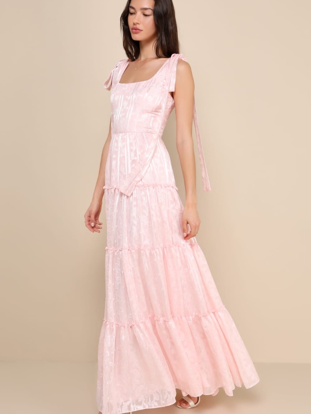 NWT Lulus Picturesque Allure Blush Pink Jacquard Tie-Strap Maxi Dress - Picture 3 of 9
